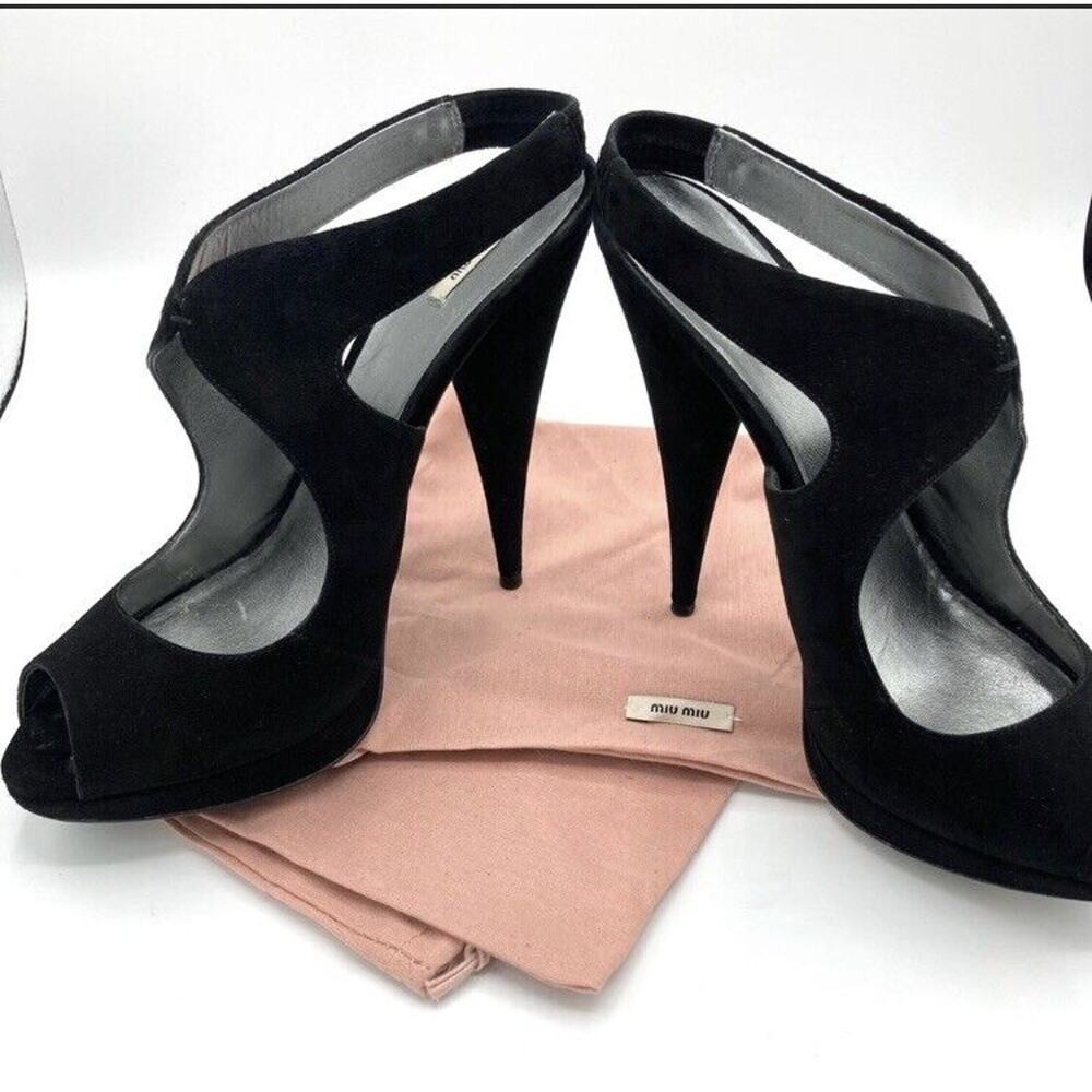 Miu Miu Black Suede Sling Back Peep Toe Heels Sandals 40